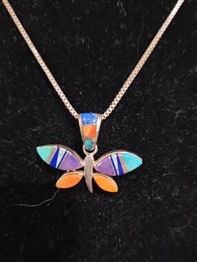 Colorful Butterfly Inlay Pendant Necklace - Multicolor Sterling Silver